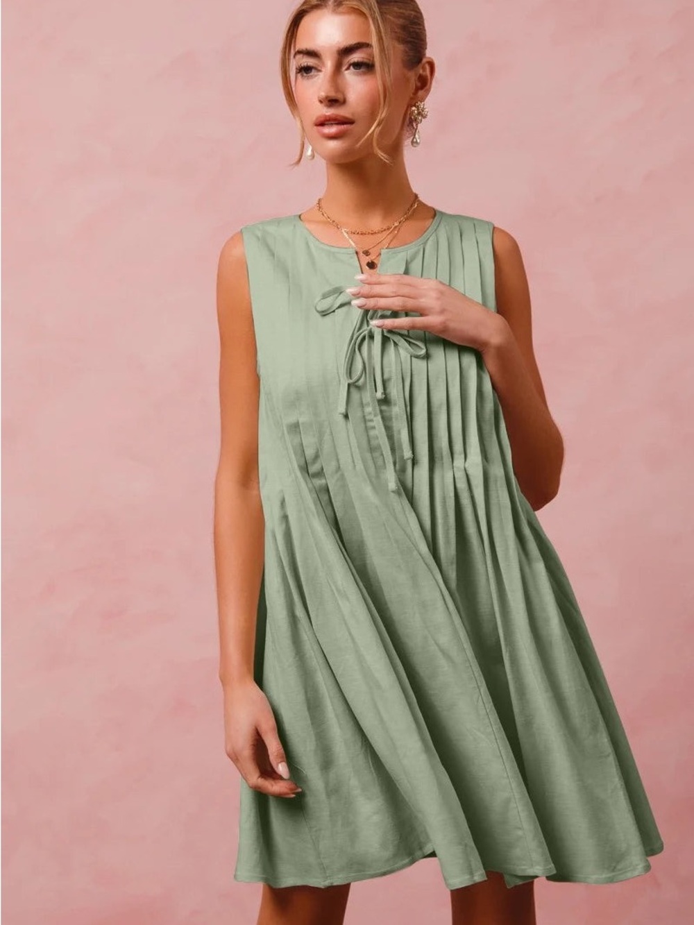So Me Sleeveless Sage Green Pleated Tie-Front Dress